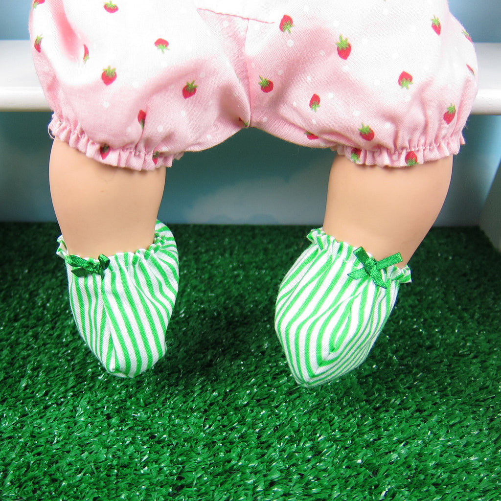 Baby Doll Booties - Green & White Stripes with Green Bow