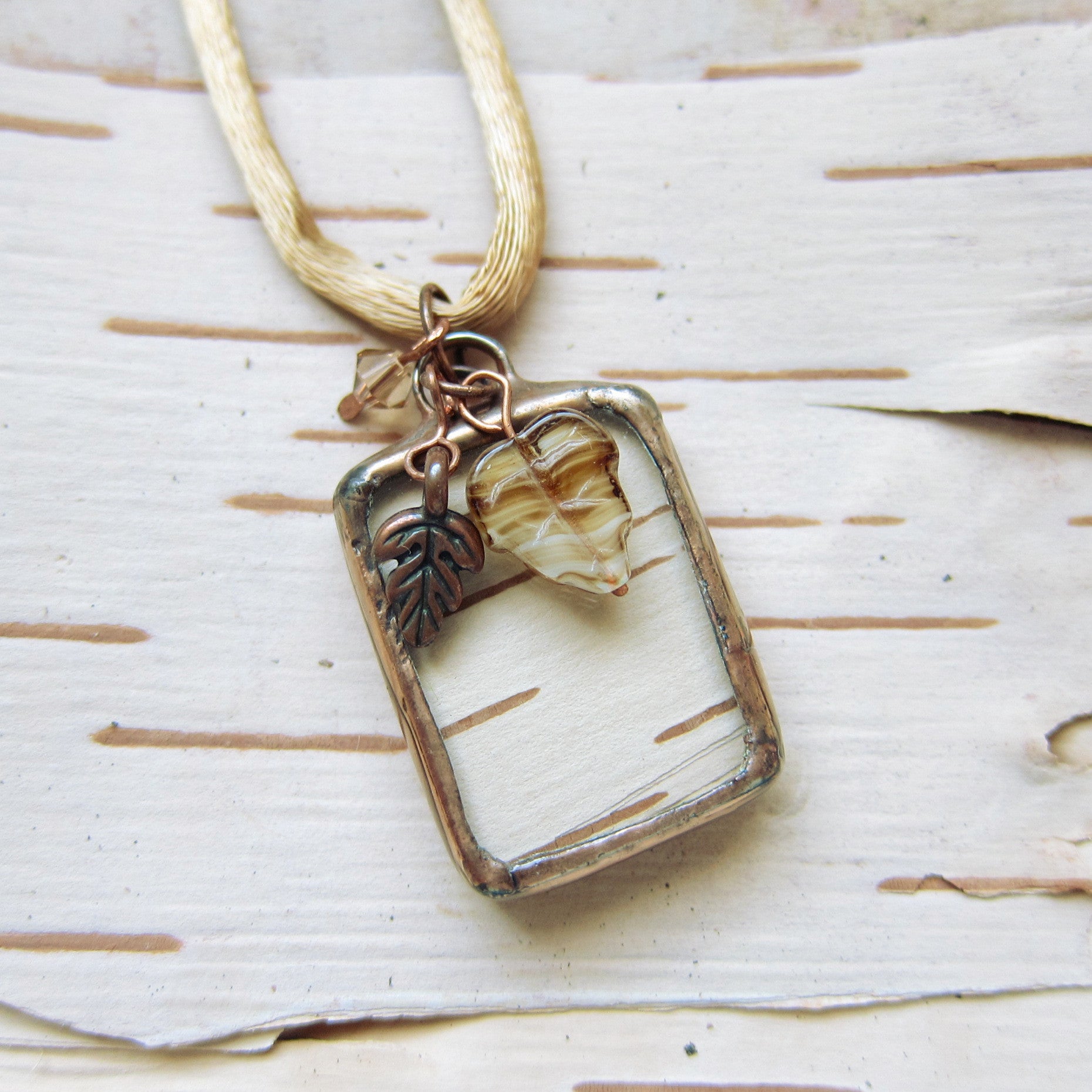 Copper birch bark stained glass pendant necklace