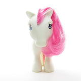 Birthflower pony with white body, pink hair, purple eyes