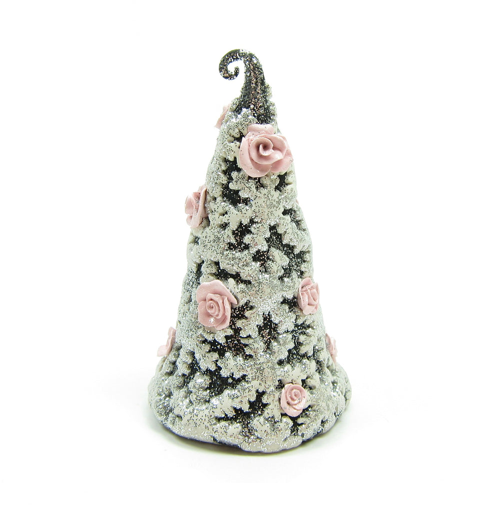 Black & White Rose Tree with Snowflakes Polymer Clay Winter Figurine