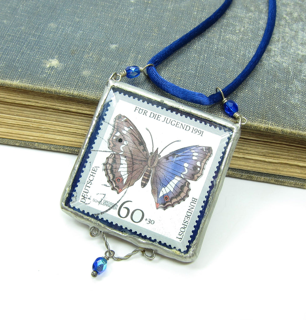 Blue Butterfly Necklace with German Postage Stamp Soldered Pendant