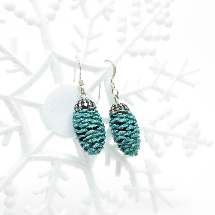 Pine Cone Earrings - Sterling Silver, Winter Blue Glitter Pinecones