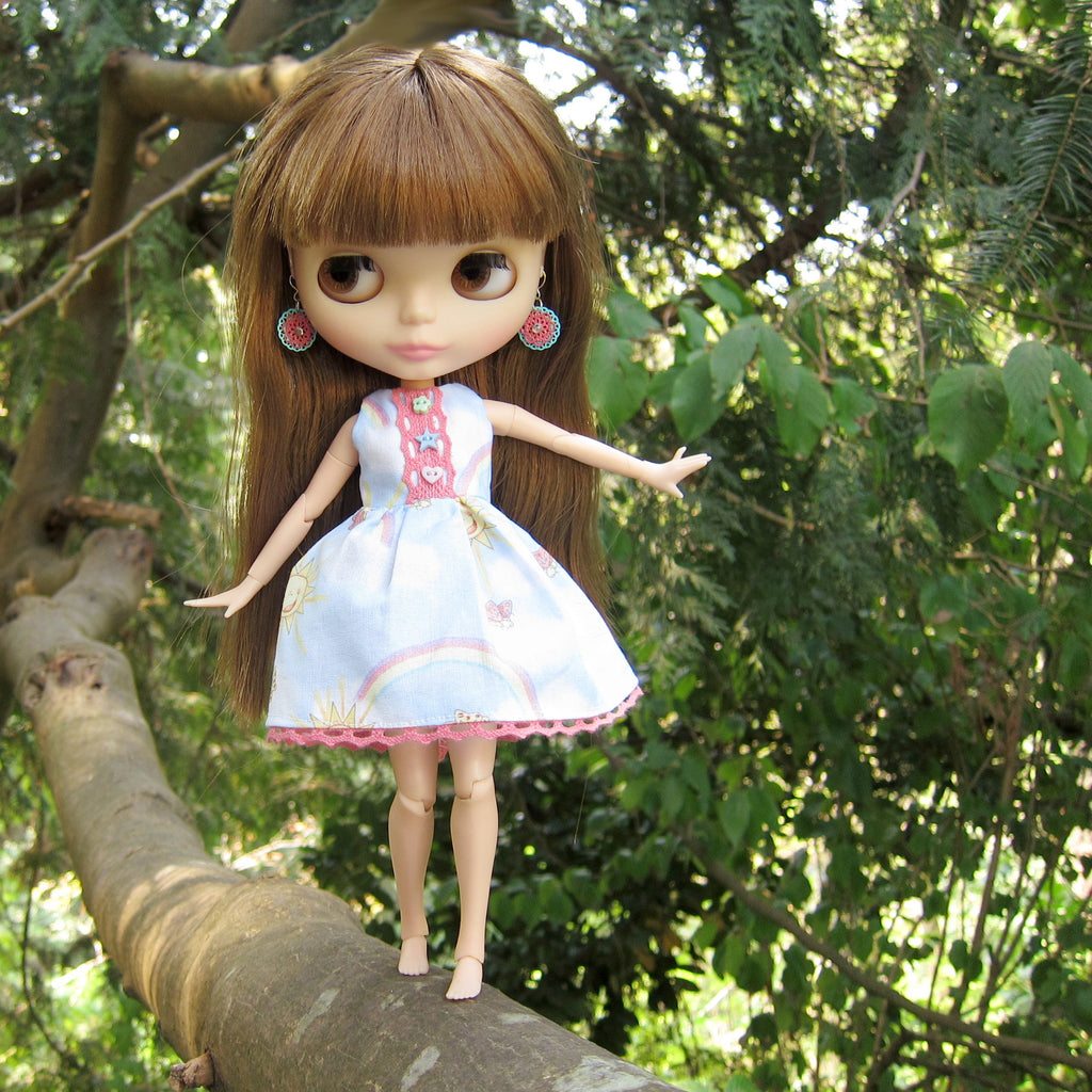 Happy Summer Blythe Doll Dress with Blue Sky, Clouds, Rainbows