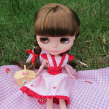 Pink and white gingham Blythe dress with strawberries