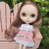 White peasant dress for Blythe with pink apron