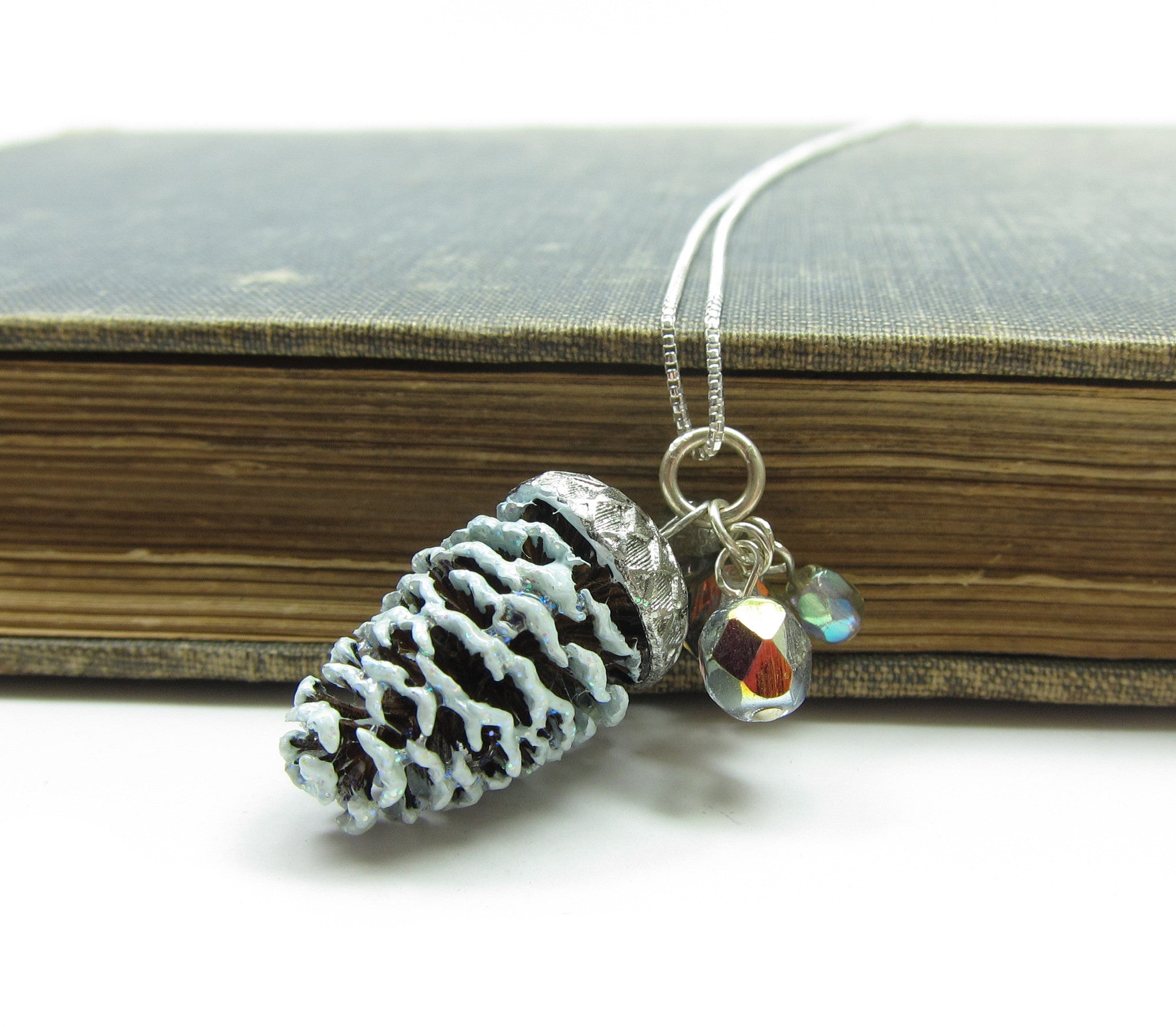 Pine Cone Charm Necklace on Sterling Silver Chain, Swarovski Crystals ...