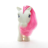Birthflower pony with white body, pink hair, purple eyes