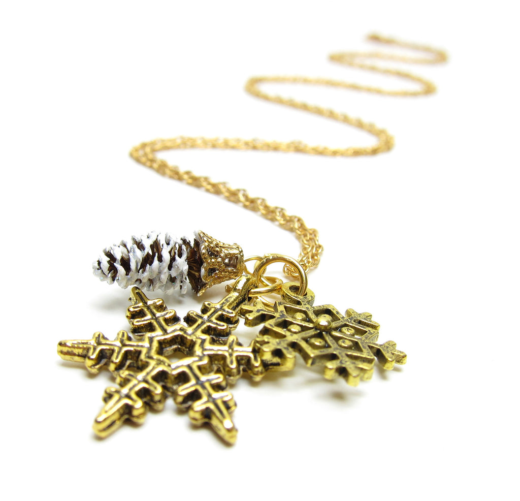 Gold Pine Cone Necklace with Snowflake Charms and Real Pinecone