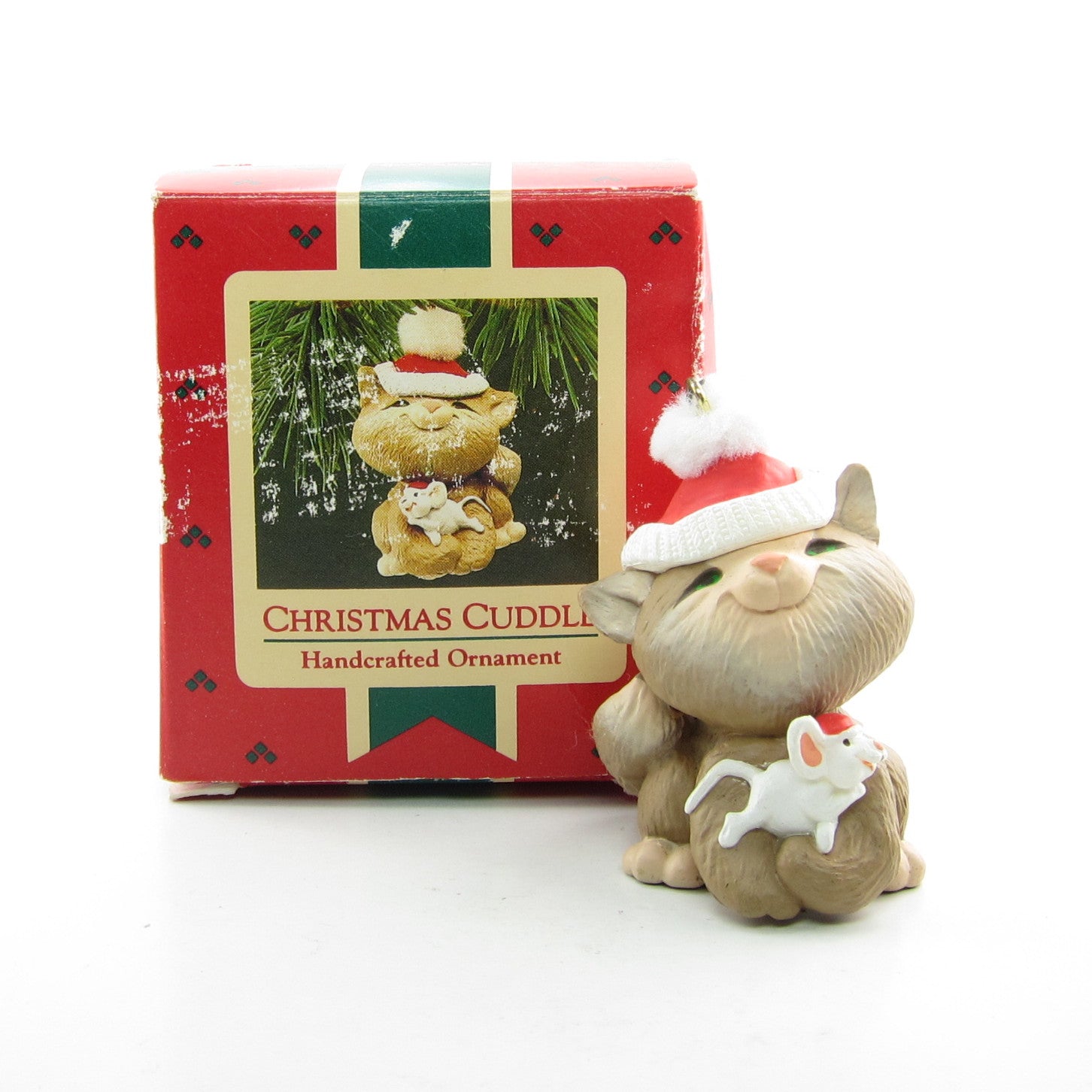 Christmas Cuddle vintage Hallmark ornament with cat and mouse in Santa hats