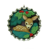 Hallmark bottle cap ornament with fawn and holly 