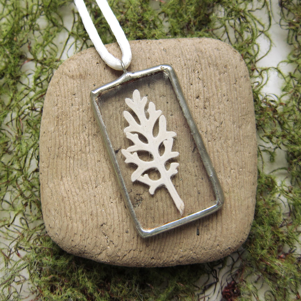 Botanical Leaf Necklace Soldered Glass Pendant with Dusty Miller Leaf