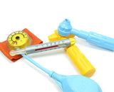 Toy blood pressure cuff, thermometer, otoscope and reflex hammer
