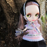 Blythe folk dress with babushka, shawl, peasant dress, skirt, apron, and basket