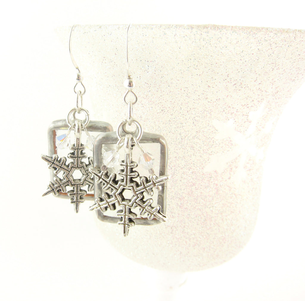 Snowflake Stained Glass Earrings with Frosted Glass