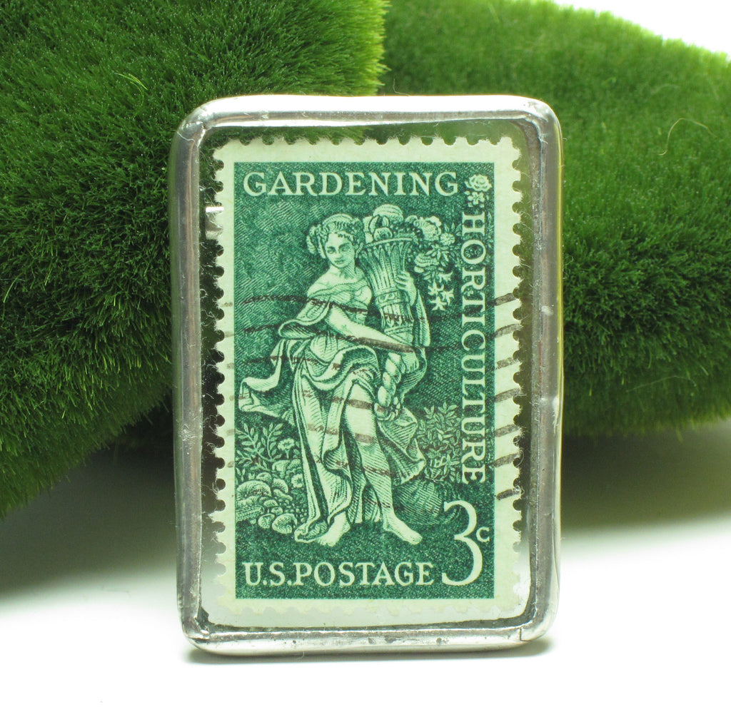 Gardening & Horticulture Postage Stamp Brooch Soldered Glass Pin