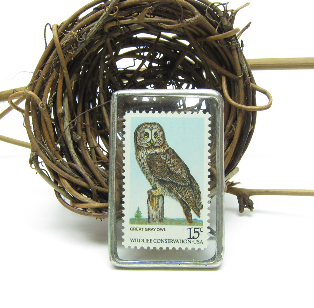Owl Brooch Soldered Glass Postage Stamp Pin Great Gray Owl