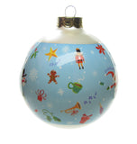 Ornament with holly, snowman, star, gingerbread man, present, mittens, nutcracker, mug of hot cocoa, horn, ornament, poinsettia