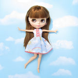 Blue sky Blythe doll dress with rainbows, sunshine, and butterflies