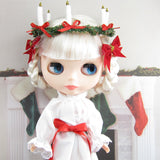 Handmade St. Lucy's day white gown with red bow and candle crown