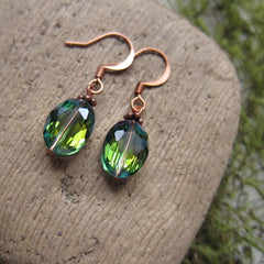 Green Iridescent Glass Bead Earrings on Copper Wires