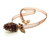 Pine Cone Charm Necklace with Garnets and Copper Leaf
