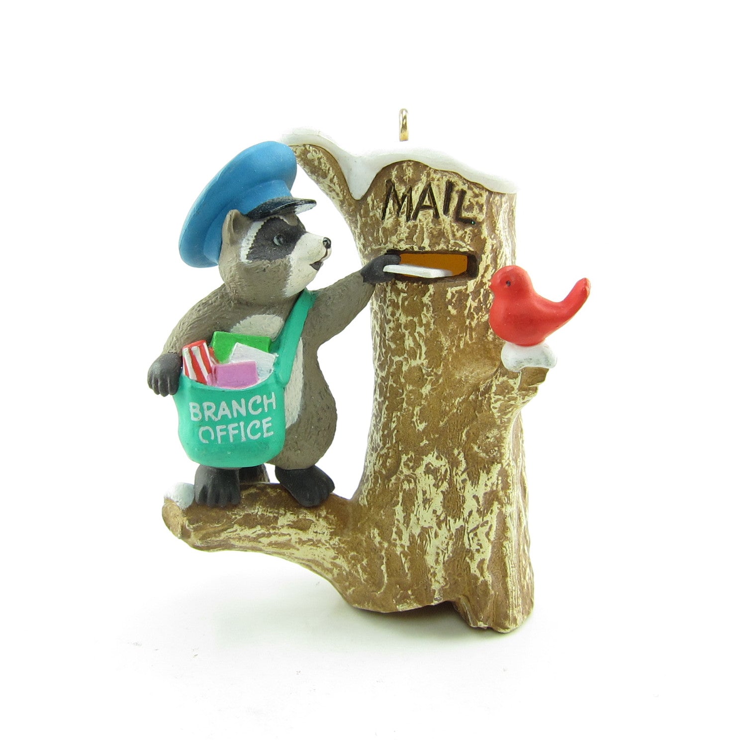 Mail Call Hallmark ornament with raccoon mail carrier and tree stump mailbox