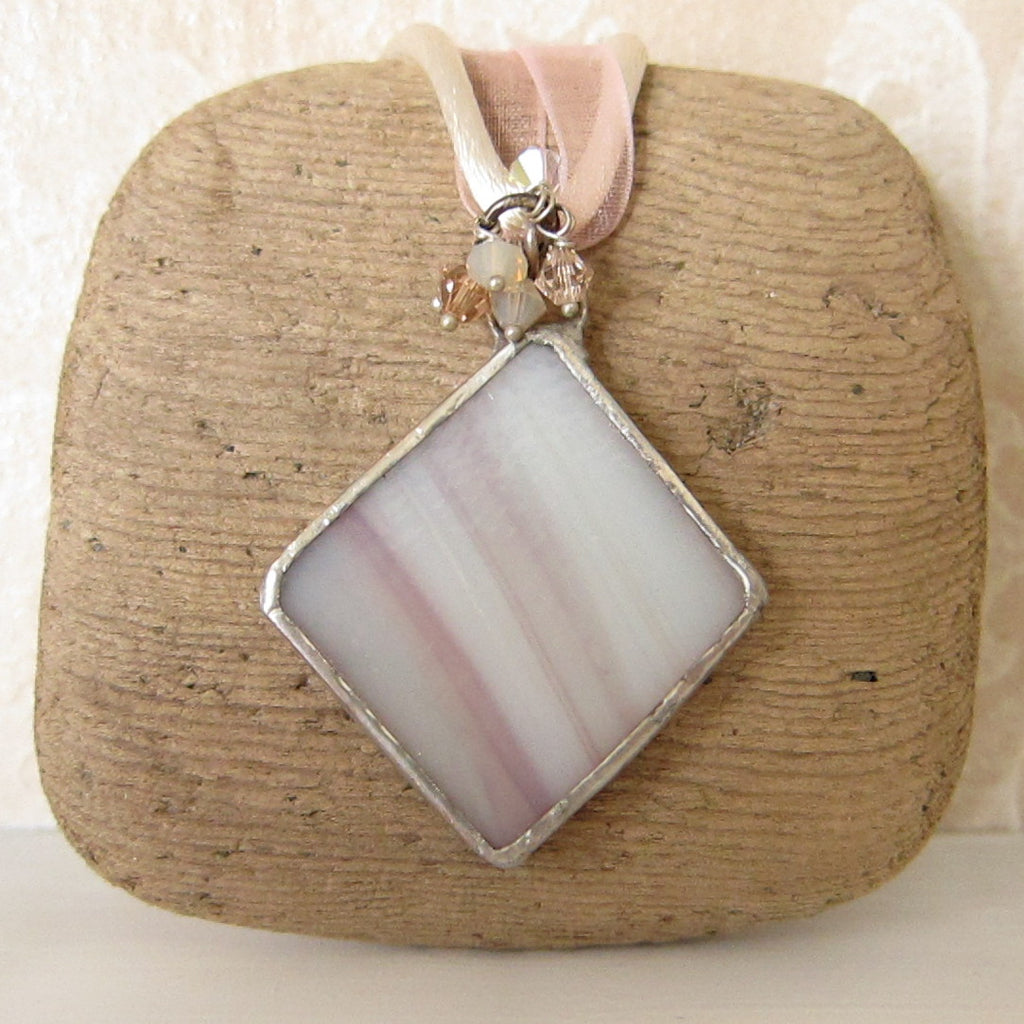 Mauve & White Stained Glass Pendant Necklace with Swarovski Crystals
