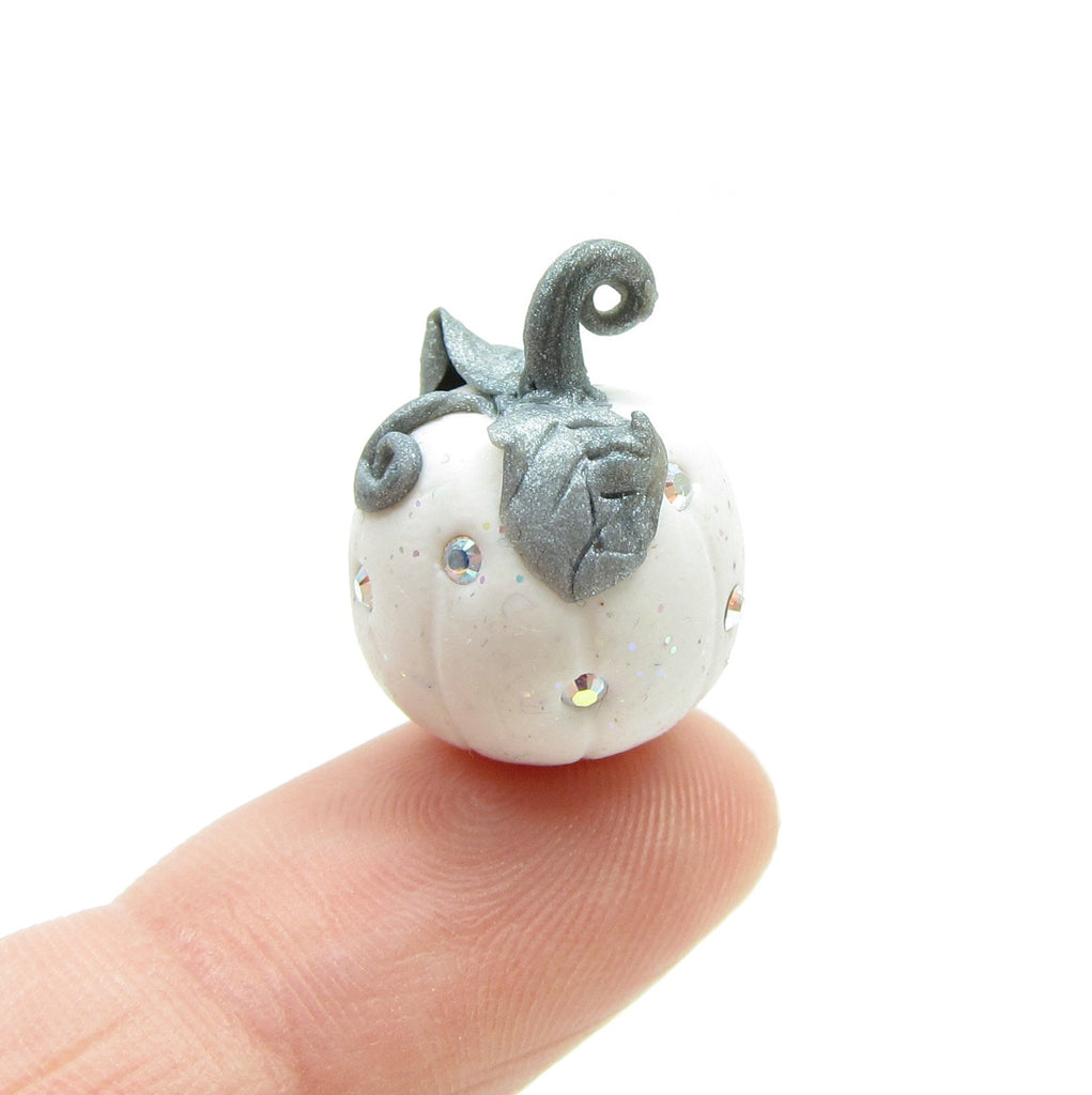 White Rhinestone Pumpkin Polymer Clay Miniature Figurine with Rhinestones