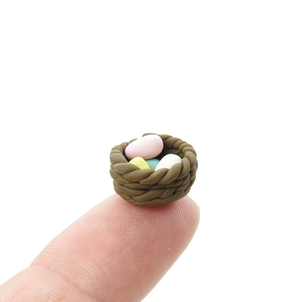 Dollhouse miniature brown polymer clay basket with Easter eggs