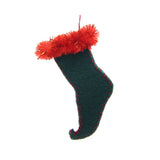 green elf shoe miniature Christmas stocking with red trim