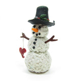 Polymer clay miniature snowman with black hat, carrot nose