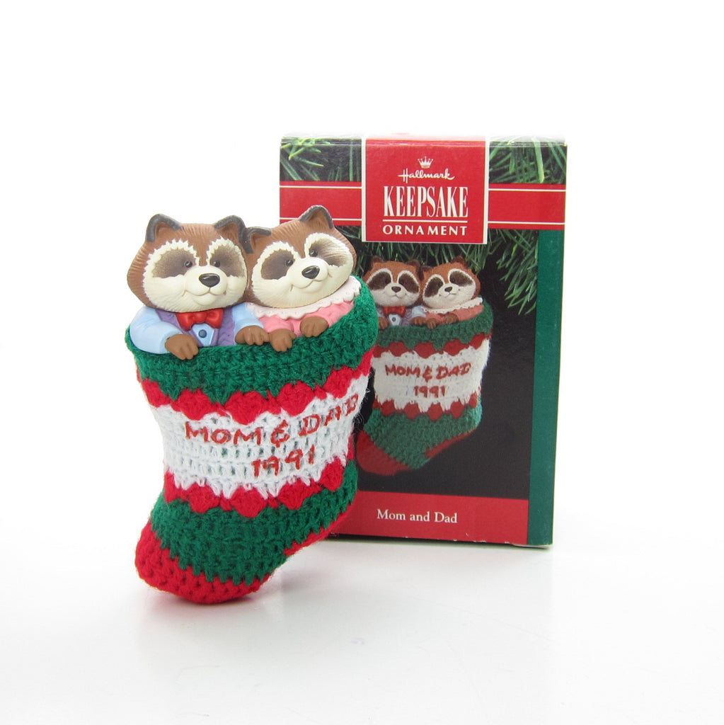 Mom & Dad Raccoons in Stocking Vintage 1991 Hallmark Keepsake Ornament