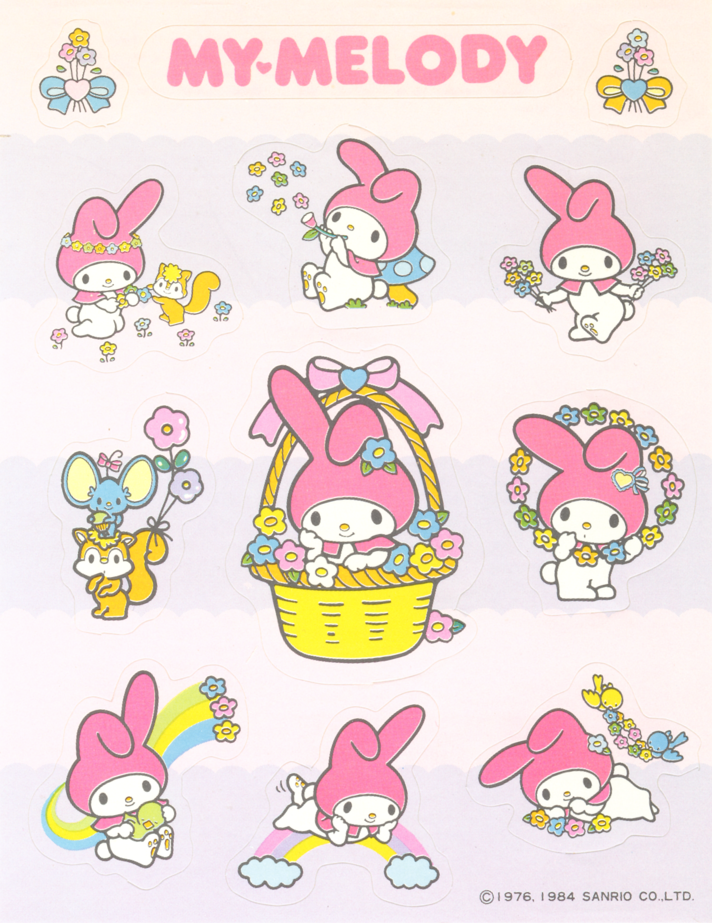 My Melody vintage unused sticker sheet with spring flowers and Easter basket