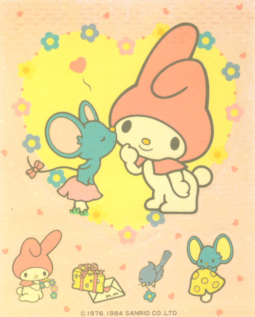 My Melody Sticker Sheet Vintage 1984 Sanrio Stickers with Flat the Mouse