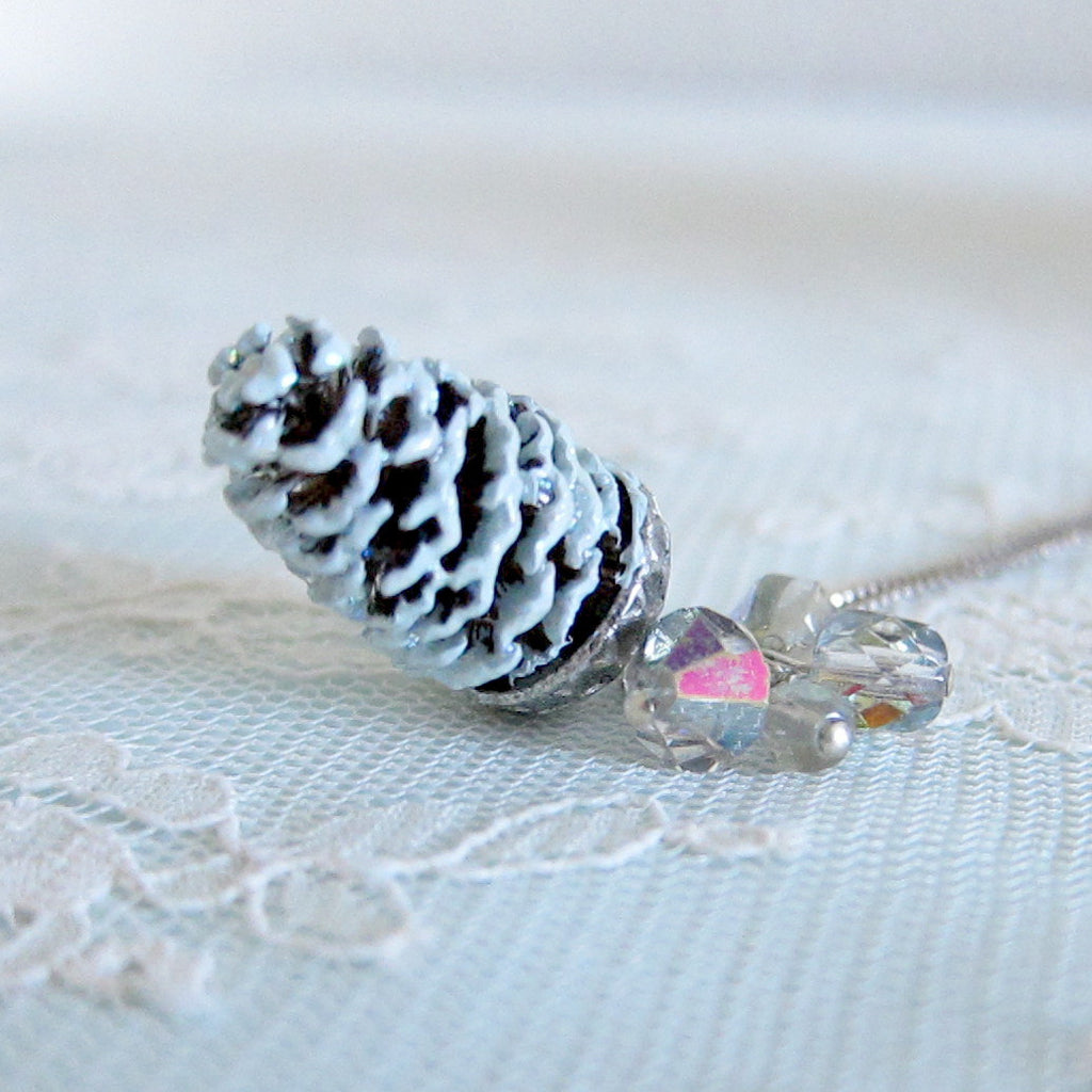 Pine Cone Charm Necklace on Sterling Silver Chain, Swarovski Crystals