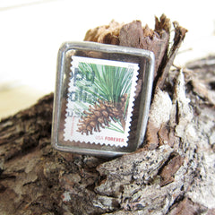Pine Cone Postage Stamp Brooch with Real Stamp