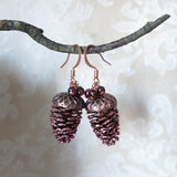 Copper Earrings with Real Pine Cones and Garnets