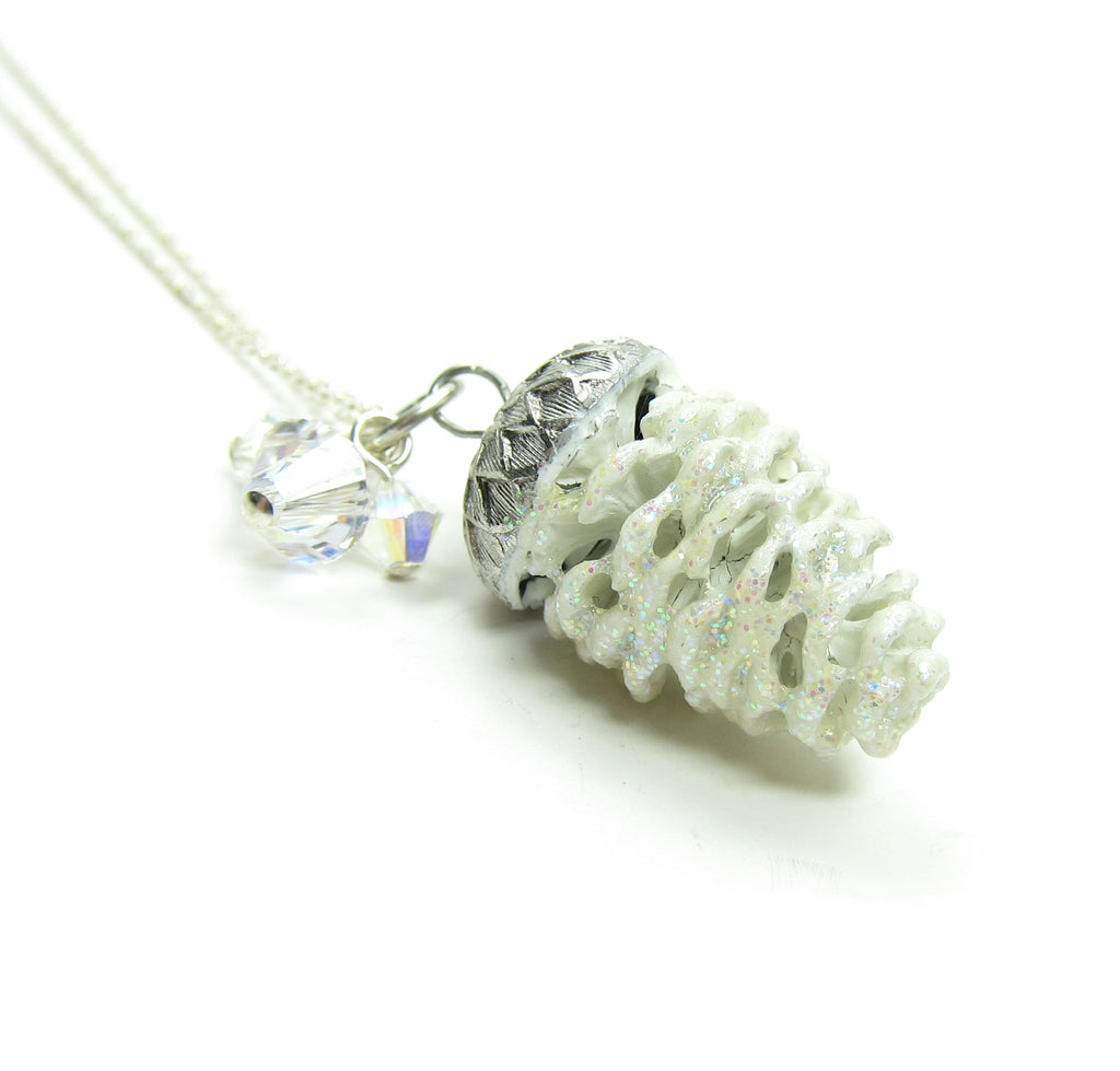 Snowy Pine Cone Necklace with White Charm on Sterling Silver Chain