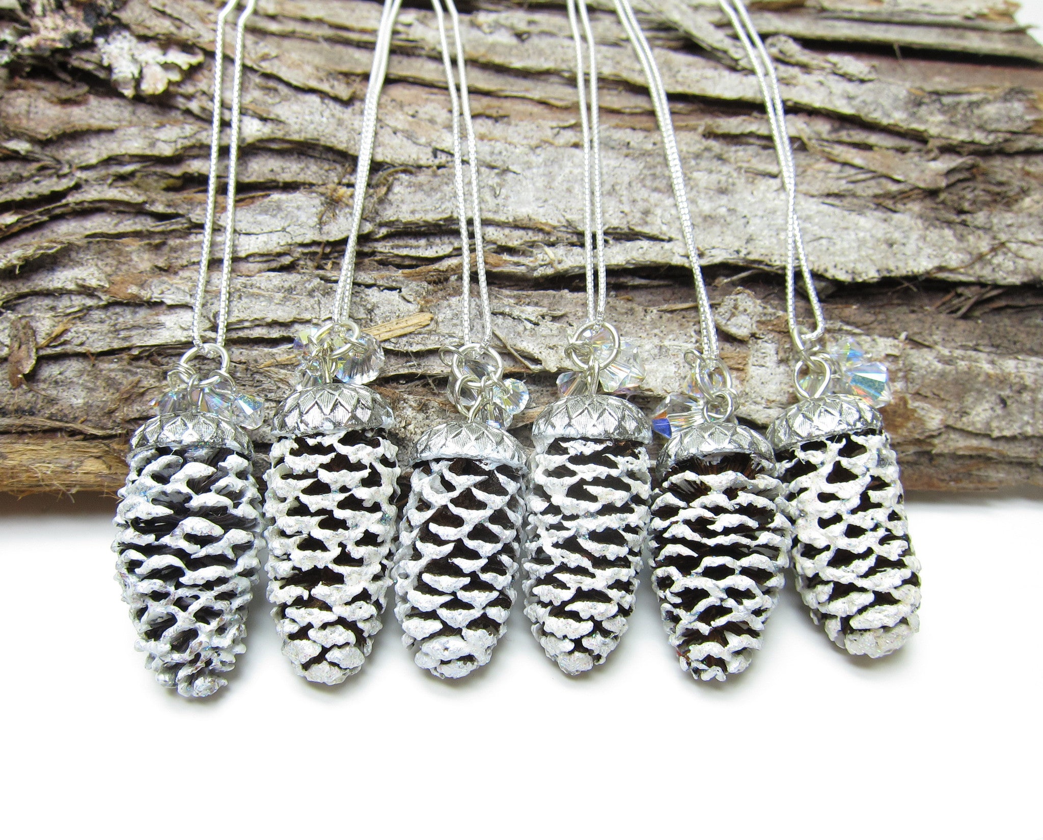 Pine Cone Bridesmaid Necklaces with White Snowy Pinecones
