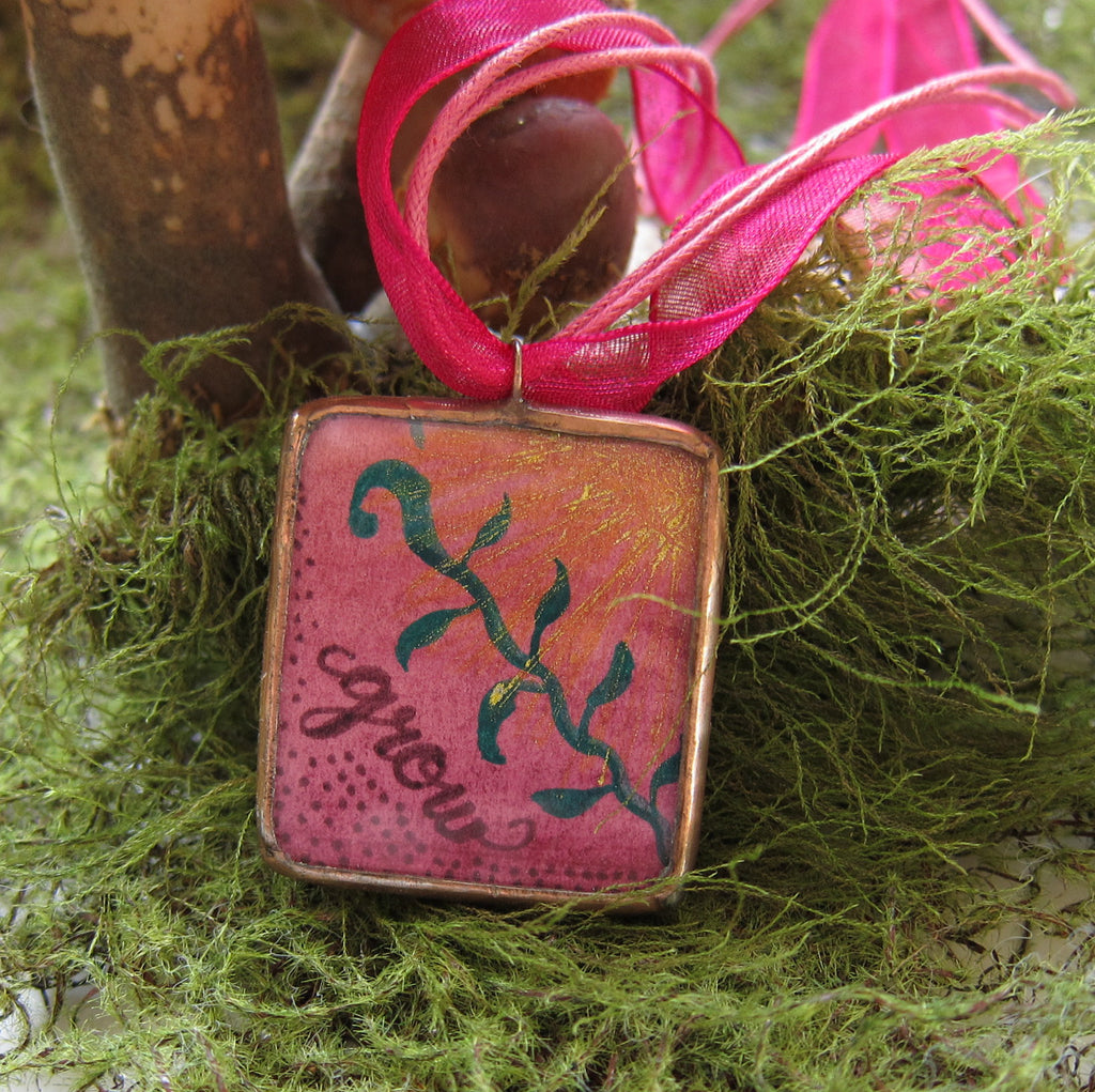 Pink Soldered Glass Copper Pendant Necklace with Watercolor Leaf Art