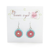Pink & teal filigree earrings with rhinestone center