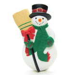 Vintage Hallmark snowman pin with green scarf and broom