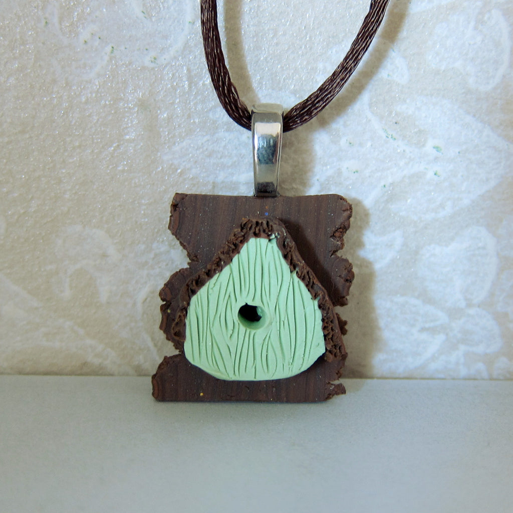 Bird House Necklace Polymer Clay Green Birdhouse Charm Pendant