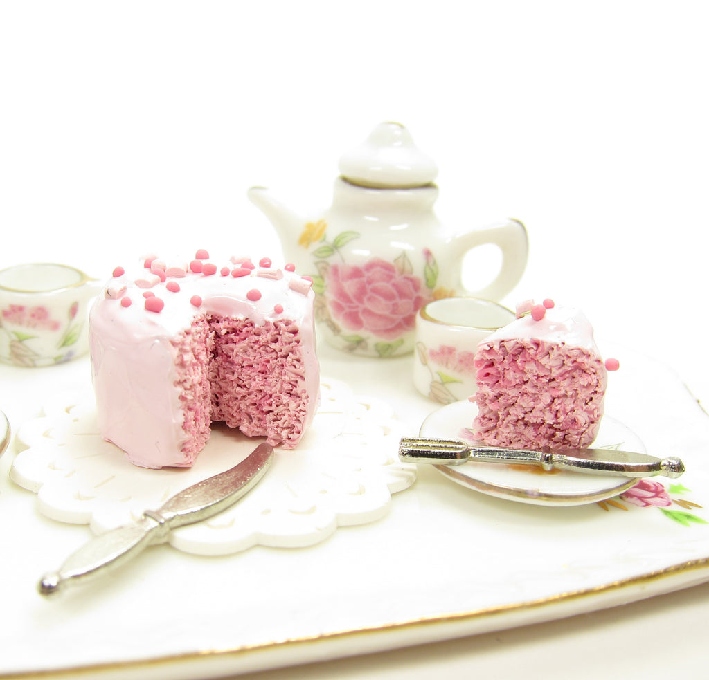 Polymer Clay Cake Pink Dollhouse Miniature with Sprinkles 1 Inch Scale