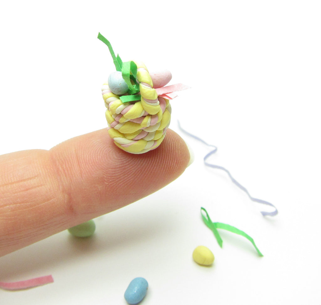Miniature Easter Basket Polymer Clay Dollhouse Decoration with Pastel Eggs