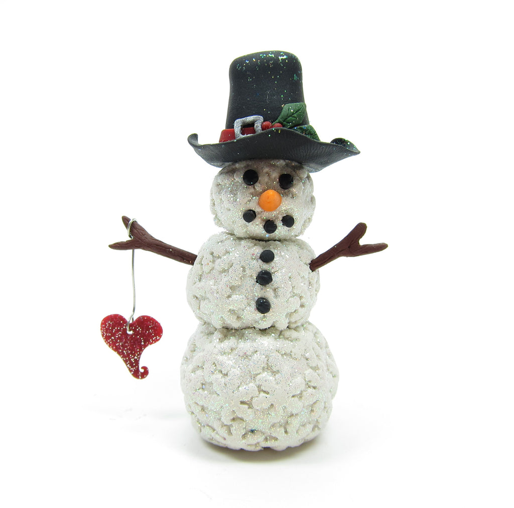 Snowman Miniature Figurine Polymer Clay Sculpture with Snowflakes