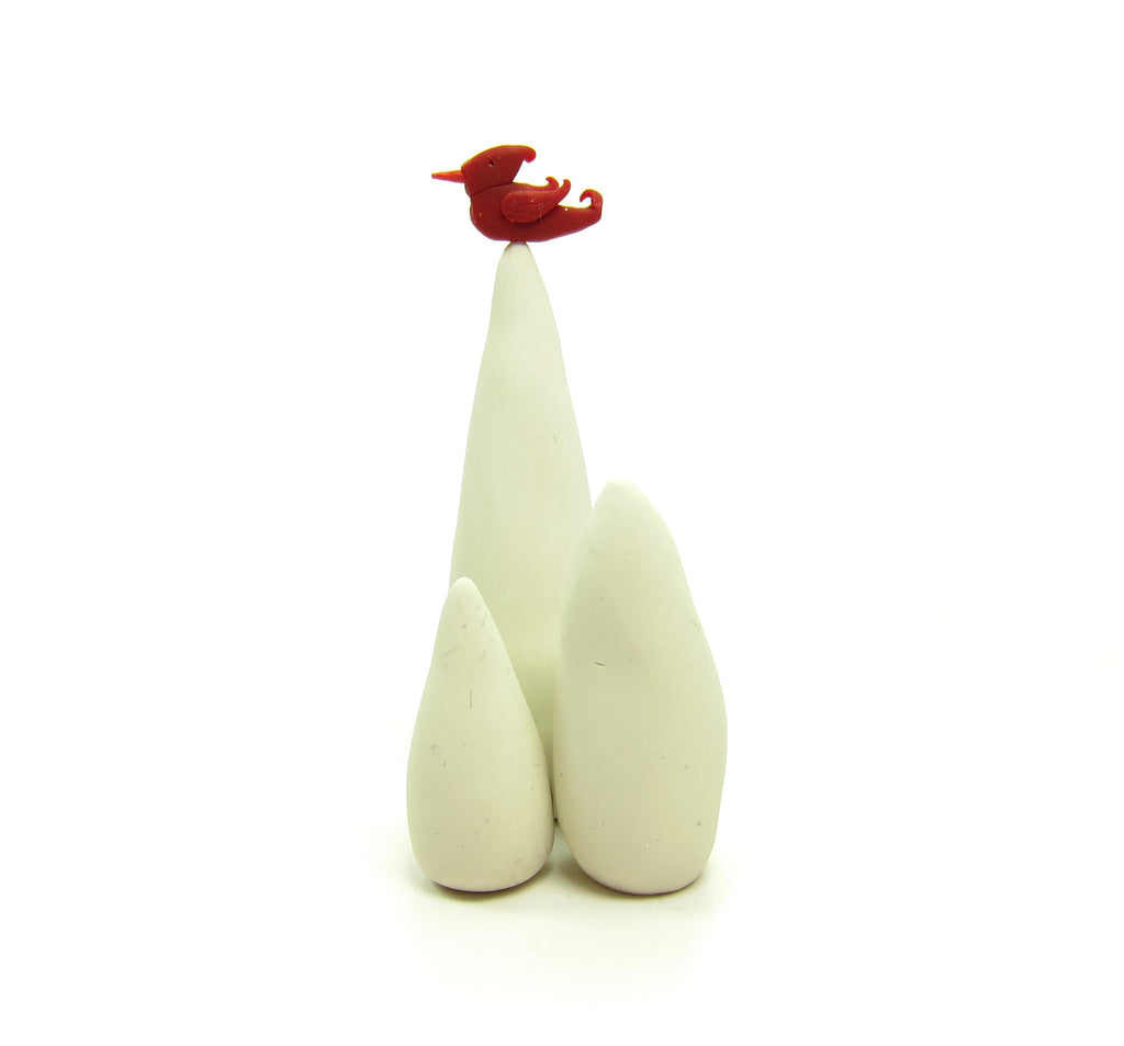 Cardinal & Trees Figurine Polymer Clay Winter Forest Trees with Red Bird