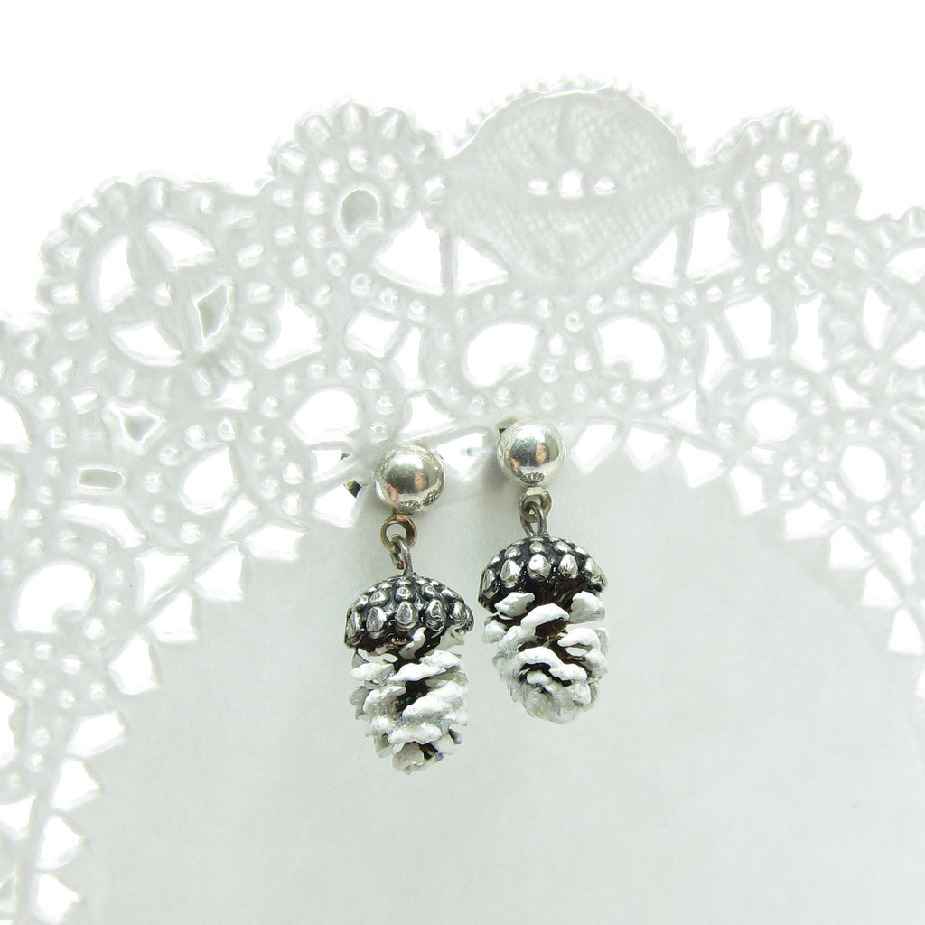 Pine Cone Post Earrings with Snowy White Miniature Pinecones