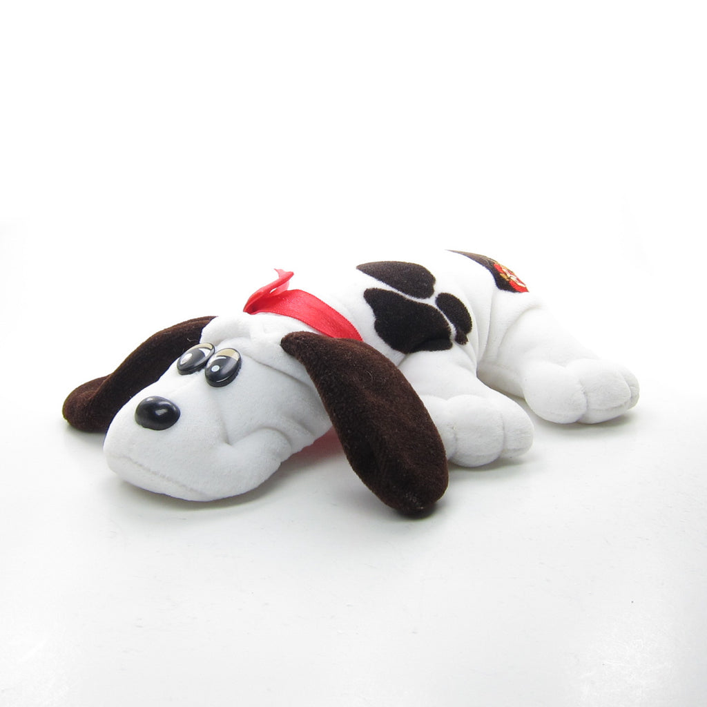 Pound Puppies Plush Toy - Small White Puppy with Brown Spots, Red Bow