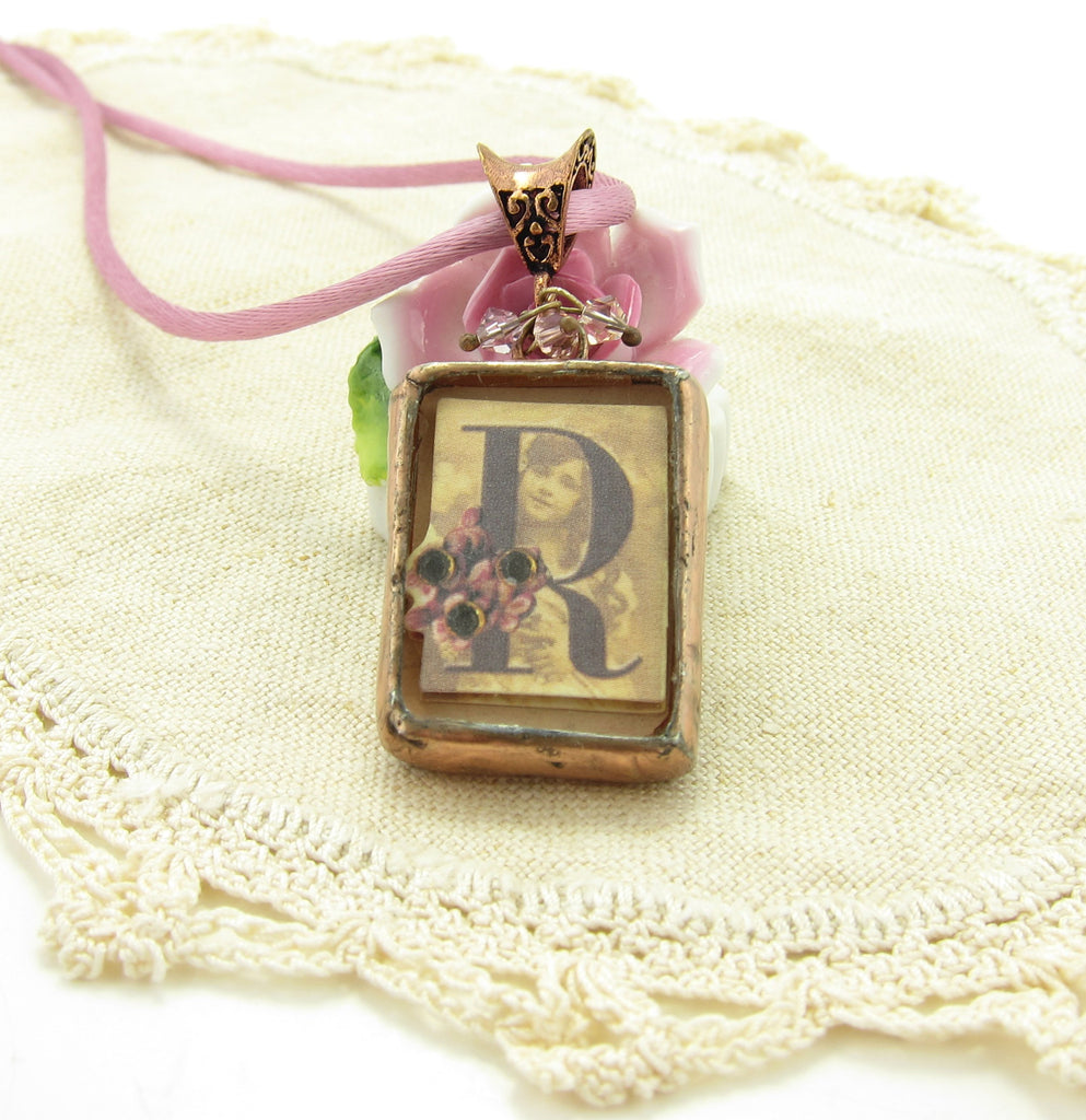 Letter R Necklace Soldered Glass Copper Pendant with Victorian Initial